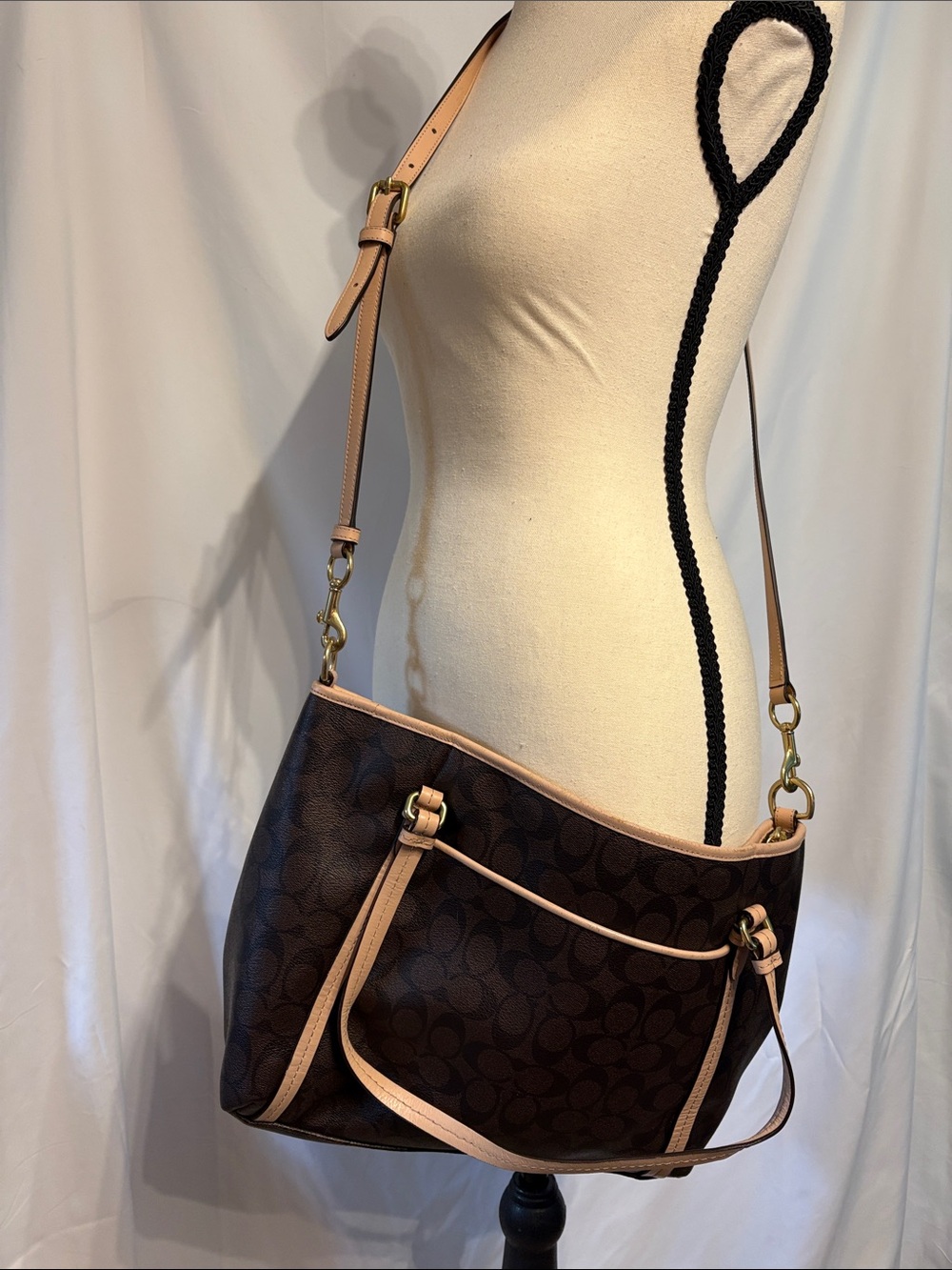 Coach Peyton Signature Crossbody Shoulder Bag Brown with Light Tan Trim F26186